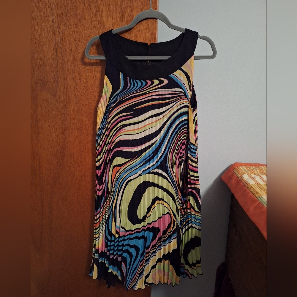 Voir Voir Multicolor Pleated Wave-Print Dress with Black Trim And Lined Size 10